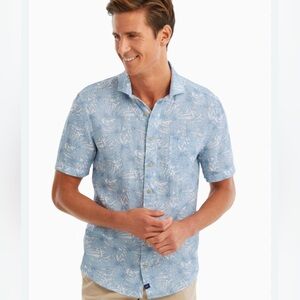 Johnnie-O Hemlock Linen Gulf Blue Leaf Print Short Sleeve Shirt